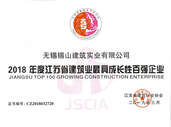 2018年度江蘇省建筑業最具成長性百強企業